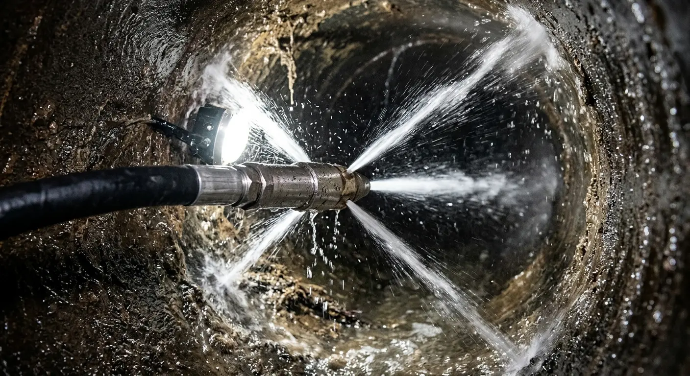 High-pressure hydro jetting nozzle cleaning sewer pipe for Emergency Drain Service in Hockessin