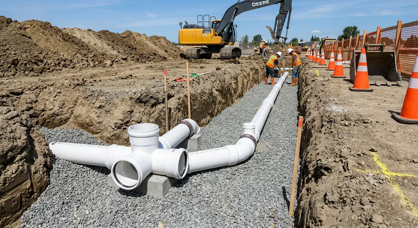 New PVC sewer pipe installation in open trench for Commercial Drain Cleaning in Hockessin