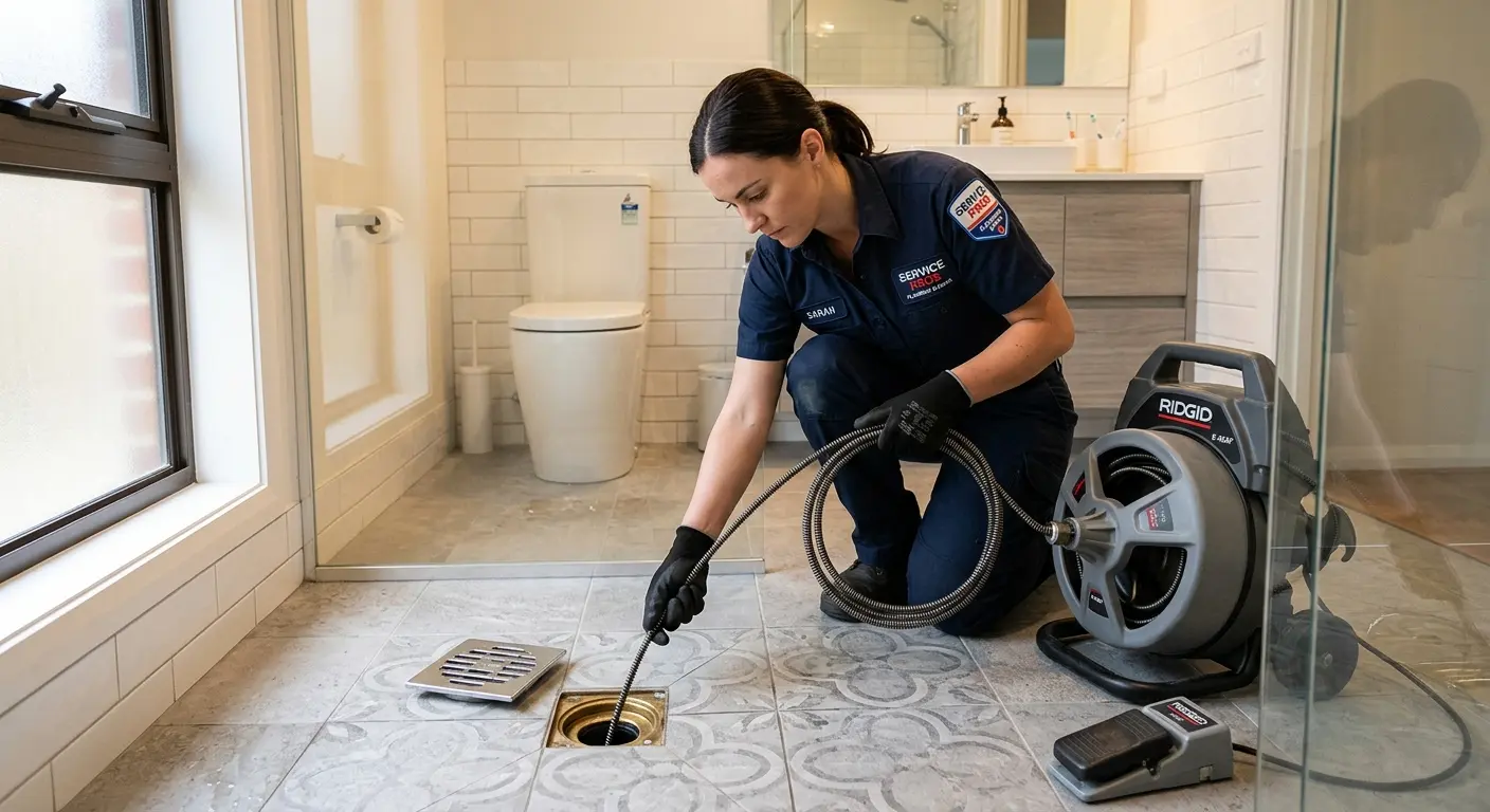 Technician clearing a bathroom floor drain for Clogged Drain Repair in Hockessin